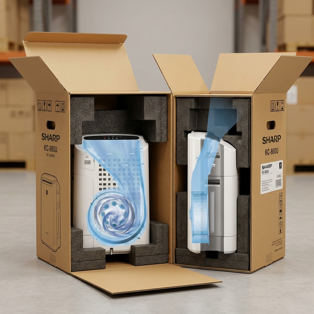 SHARP air purifier is securely packed within molded protection inside its large cardboard box.