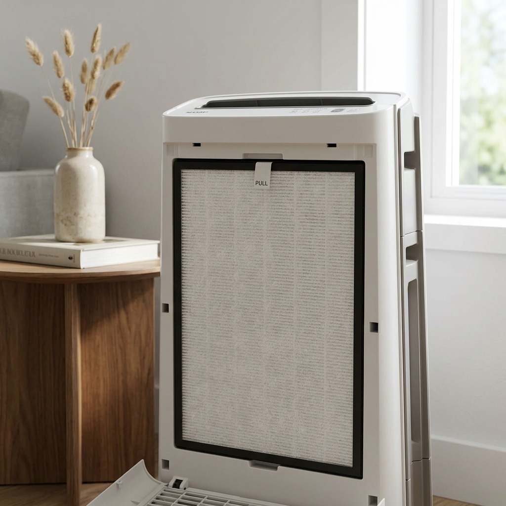 Lifestyle shot: The Sharp FZC150HFU Replacement HEPA Filter is shown in place, and a simple blue arrow indicates its front-to-back installation direction for efficient airflow.