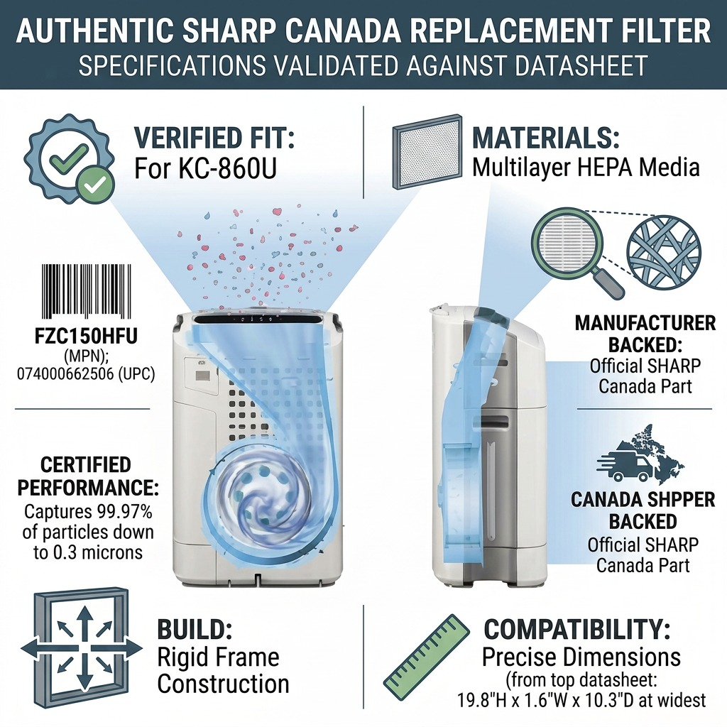 Trust and authority infographic matrix for sharp k-c-860u replacement hepa filter fzc150hfu, canadian shipping.
