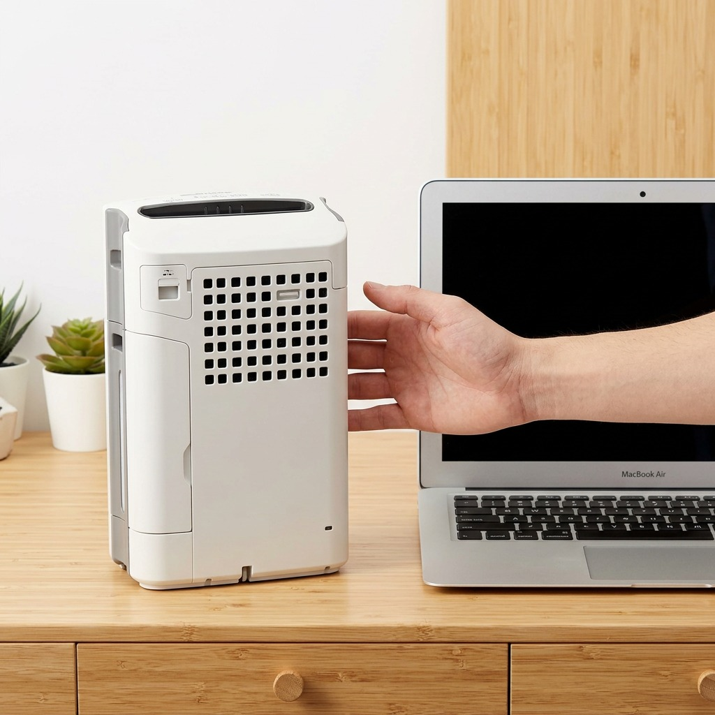 A product size visualization showing the Sharp FZC150DFU filters next to a hand and laptop.