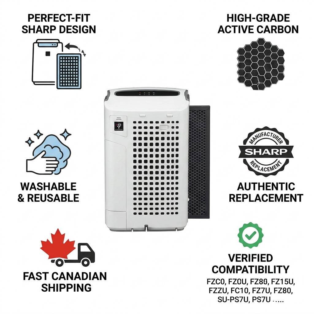 A trust infographic with key product facts for the SHARP FZC150DFU washable active carbon filter, showing fast Canadian shipping.