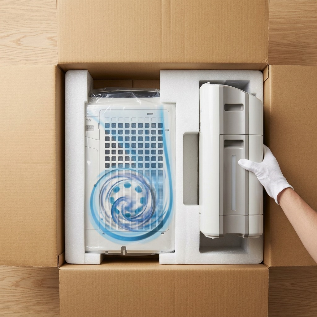 A realistic, premium scene showing the replacement air filters (product SKU #FZC150DFU) for a portable air conditioner, packed and protected within custom foam inserts inside a high-quality, blank shipping box on a natural wood surface. This unboxing visual communicates confident, damage-free delivery.