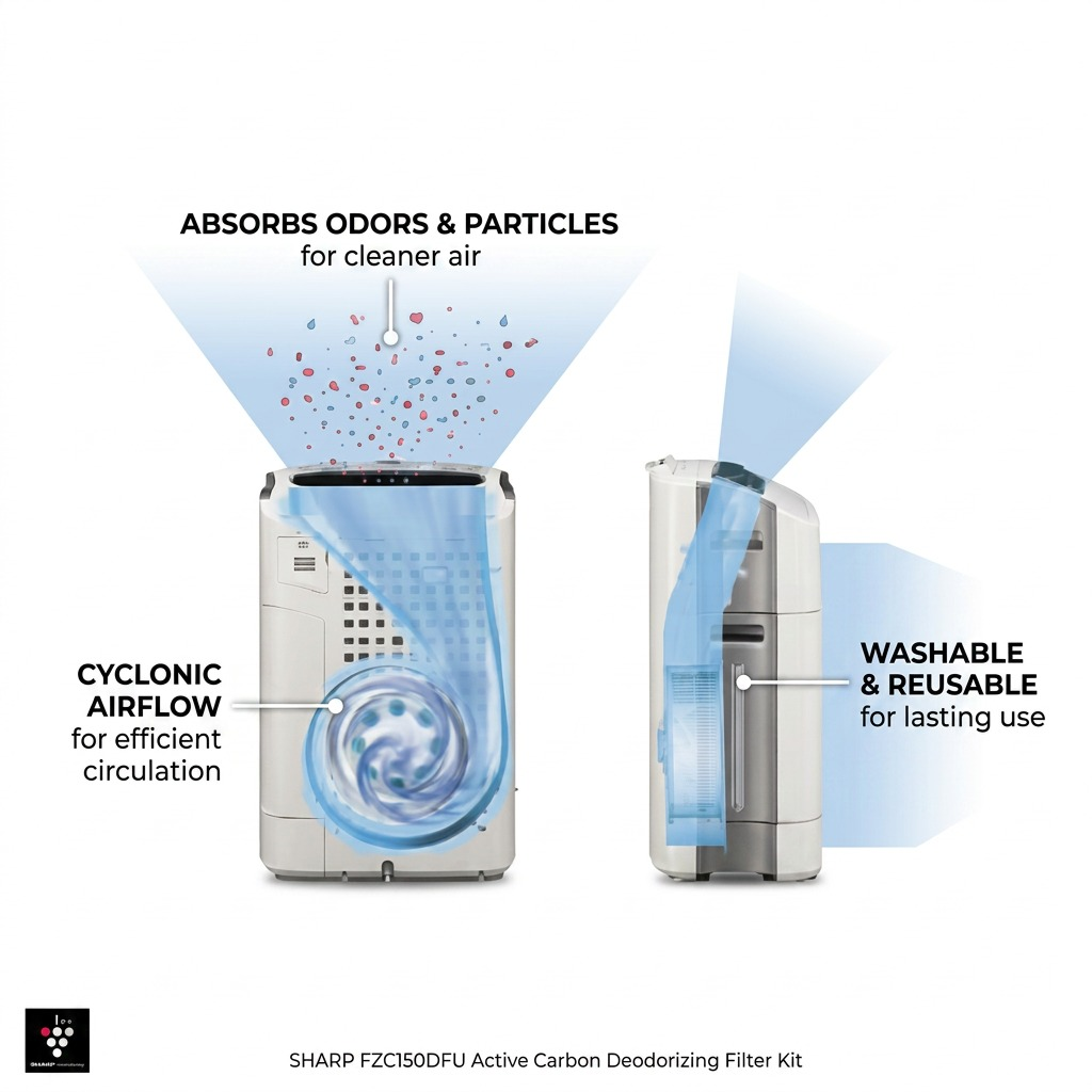 A clean-background image showing the air purifier's main features: the powerful cyclonic air-flow and top exhaust with red and blue particles. Points include: high-efficiency circulation, thorough purification, and top air flow.