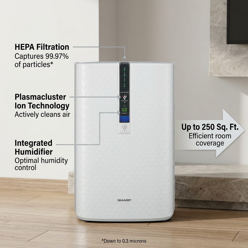 Infographic highlighting KC850U key features: HEPA filtration, Plasmacluster technology, humidification, and 250 sq. ft. coverage.