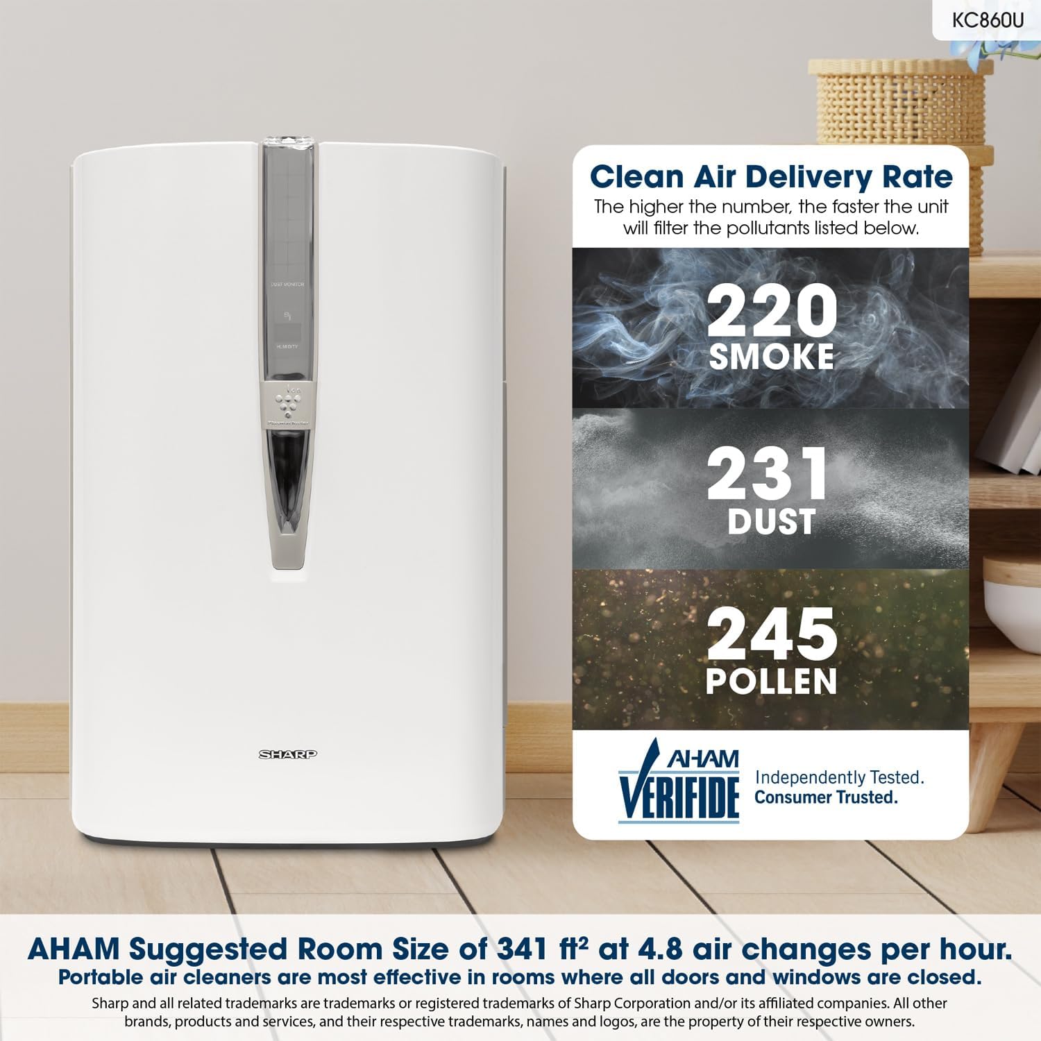 SHARP KC860U HEPA Air Purifier for Large Room with Plasmacluster? Ion and Built-in Humidifier for 300 sq. ft Room