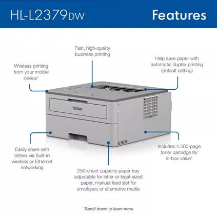Brother Workhorse HL-L2379DW Desktop Wireless Laser Printer