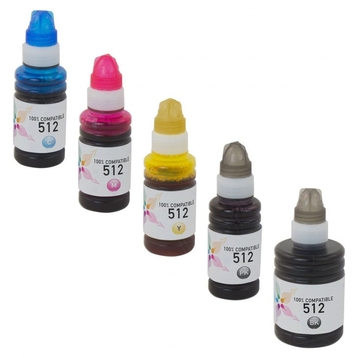 T512 SET IMPERIAL BRAND Set of 5 Compatible Ink Bottles for Epson T512: 1 Black, Photo Black, Cyan, Magenta & Yellow